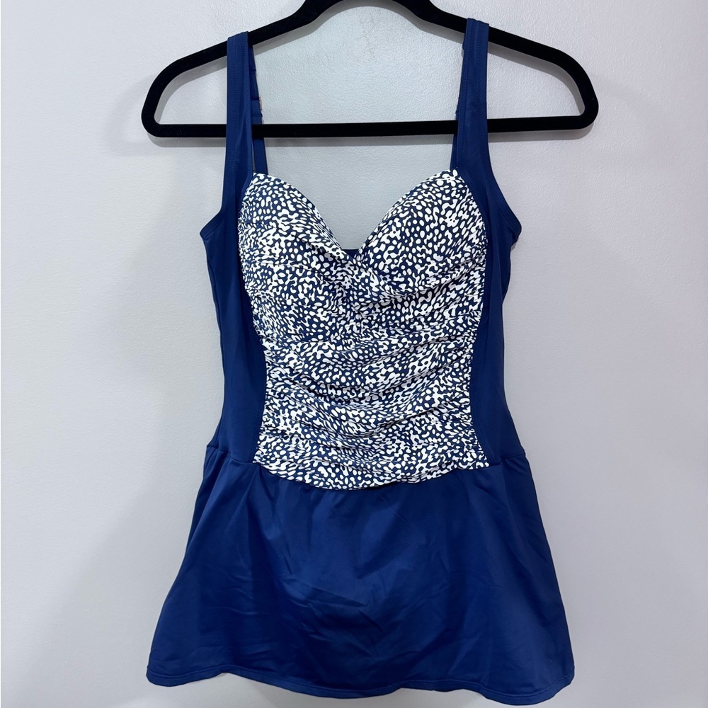 La Blanca Blue and White Fitted Bustier One Piece Swim Dress. Size 10